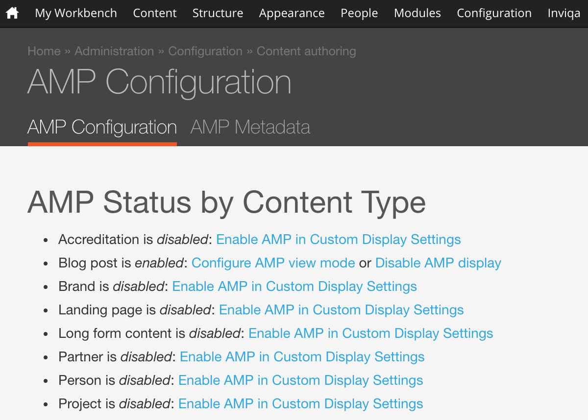 Screengrab of AMP configuration within the CMS