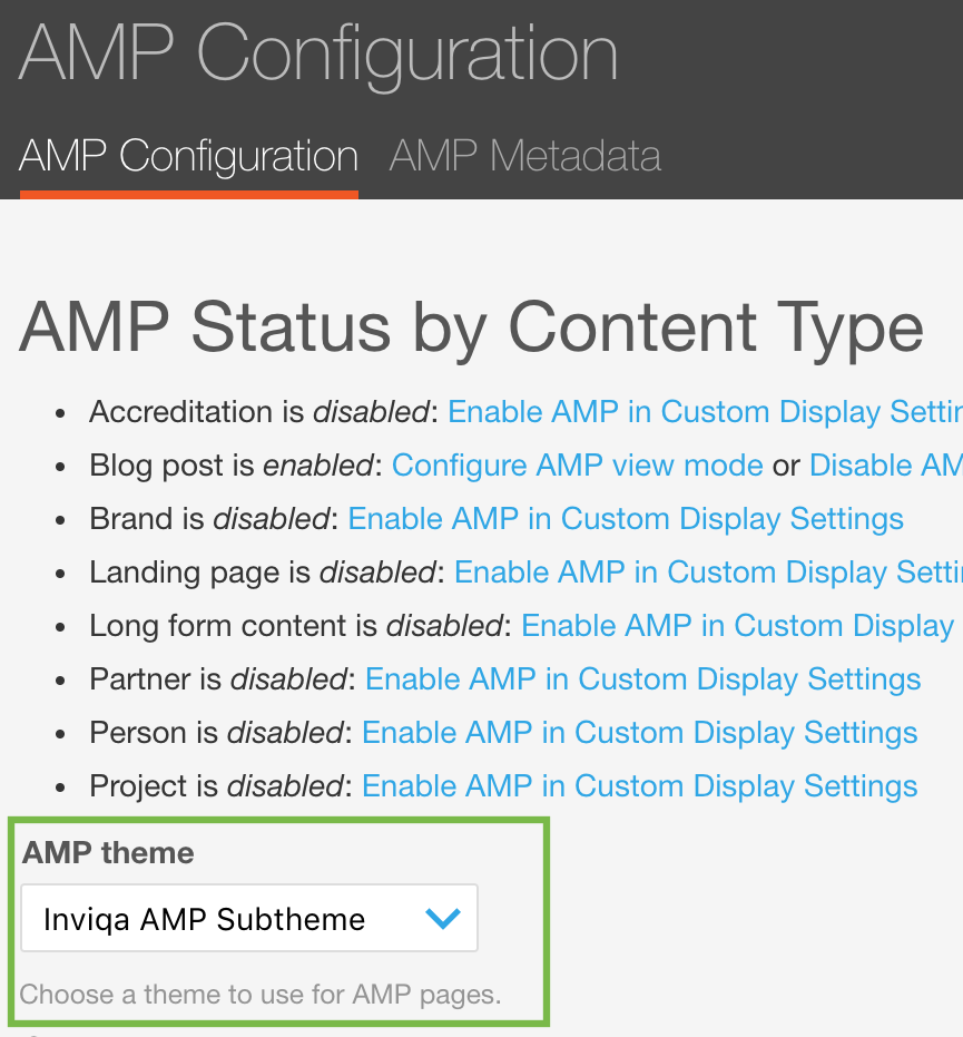 Screengrab showing AMP status by content type