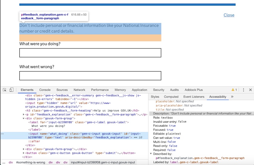 The Accessibility tab of Chrome Developer Tools, showing that the 'feedback_explanation' element has been correctly associated with the first input field of the form.