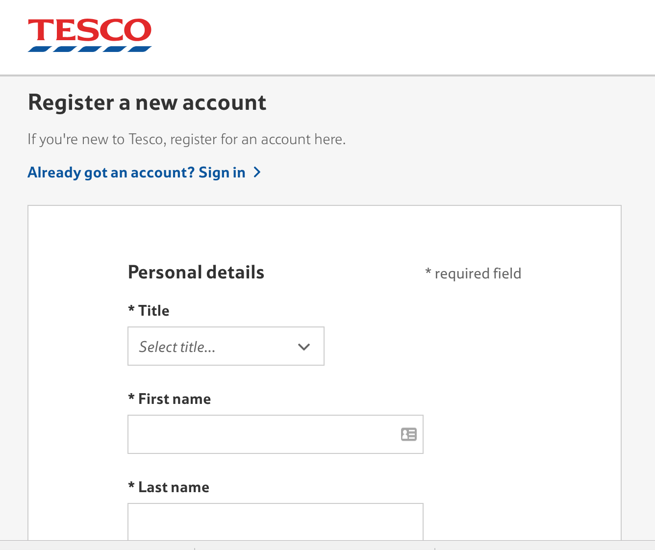 Screengrab from Tesco site showing compulsory account set-up