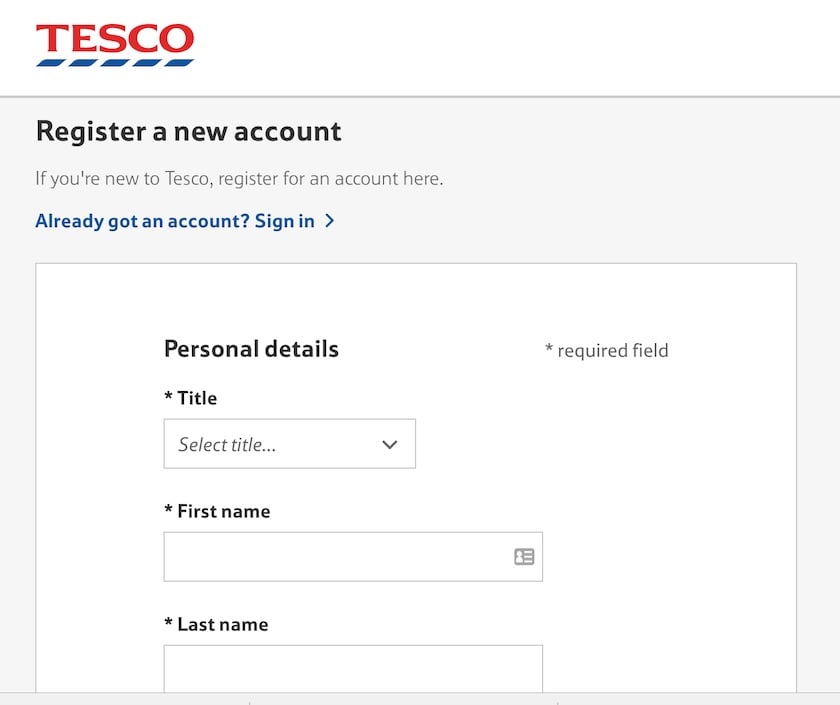 Screengrab from Tesco site showing compulsory account set-up
