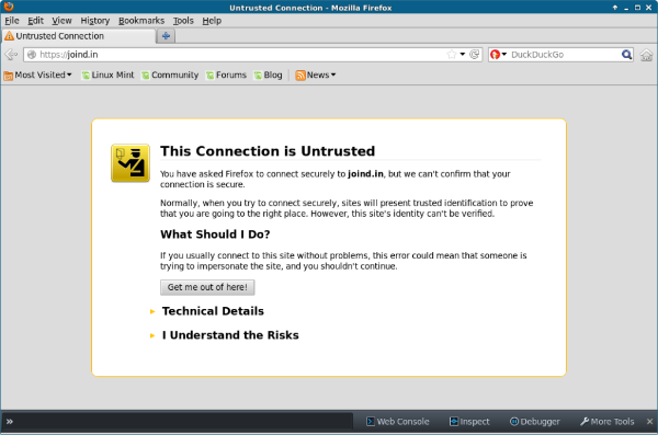 Screenshot showing untrusted connection pop up