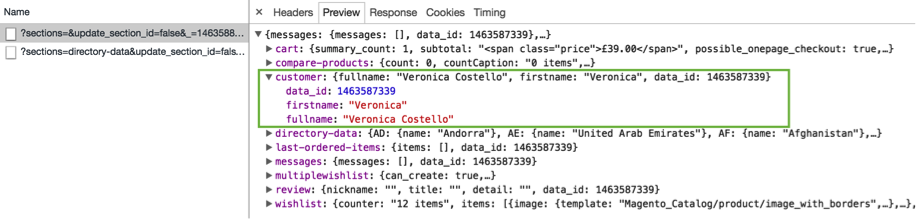 screenshot showing the JSON response containing personalised data