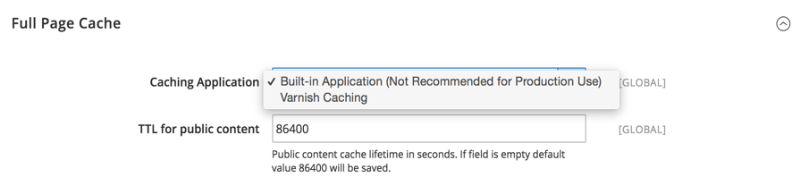 screenshot showing full page cache section and a disclaimer that the built-in option is not recommended for production use