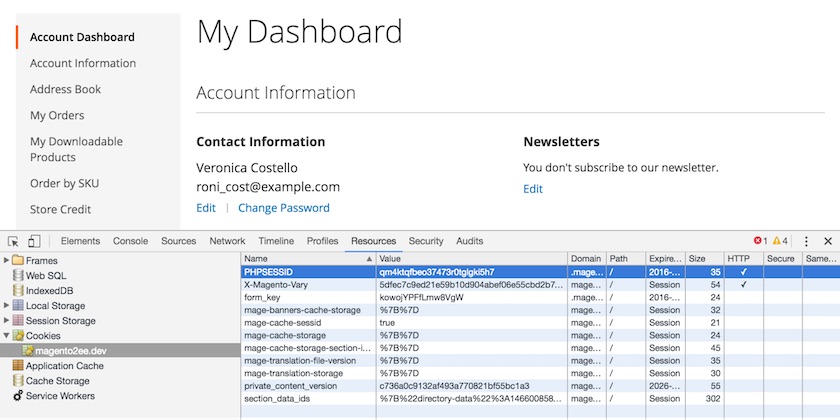 screenshot showing magento 2 dashboard and Magento 2 instance and PHPSESSID