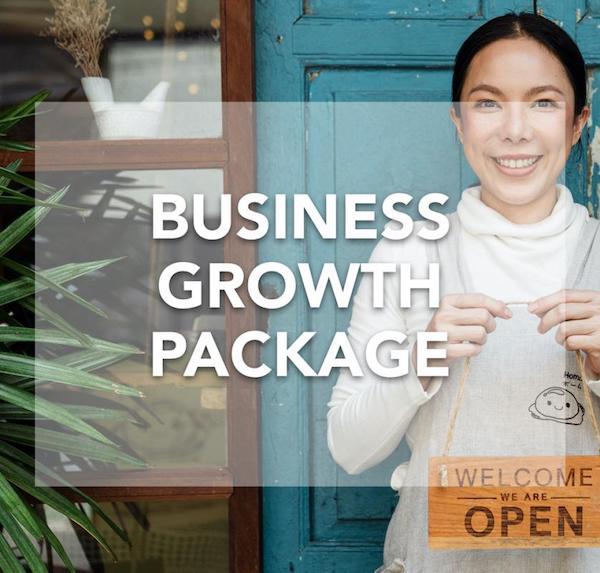 Busines Growth Package sign with a woman in the background