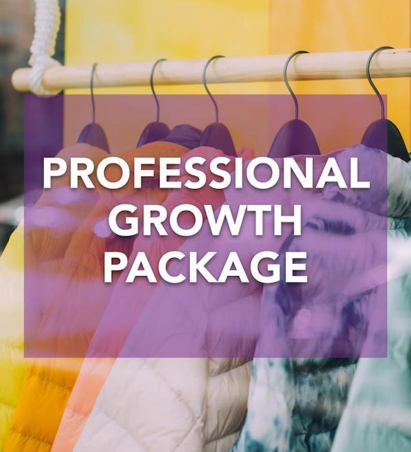 Professional Growth Package sign with clothes in the background