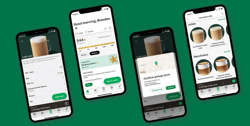 Starbucks app on 4 different mobile phone screens